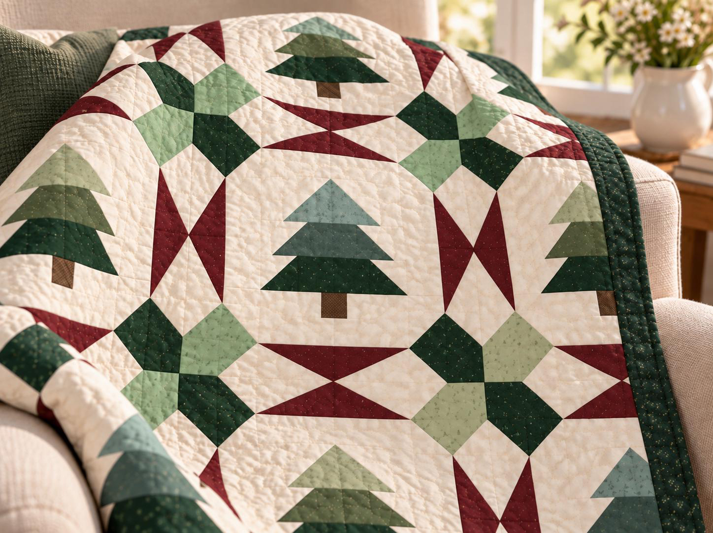Evergreen Trellis quilt shown in an illustrative lifestyle mockup