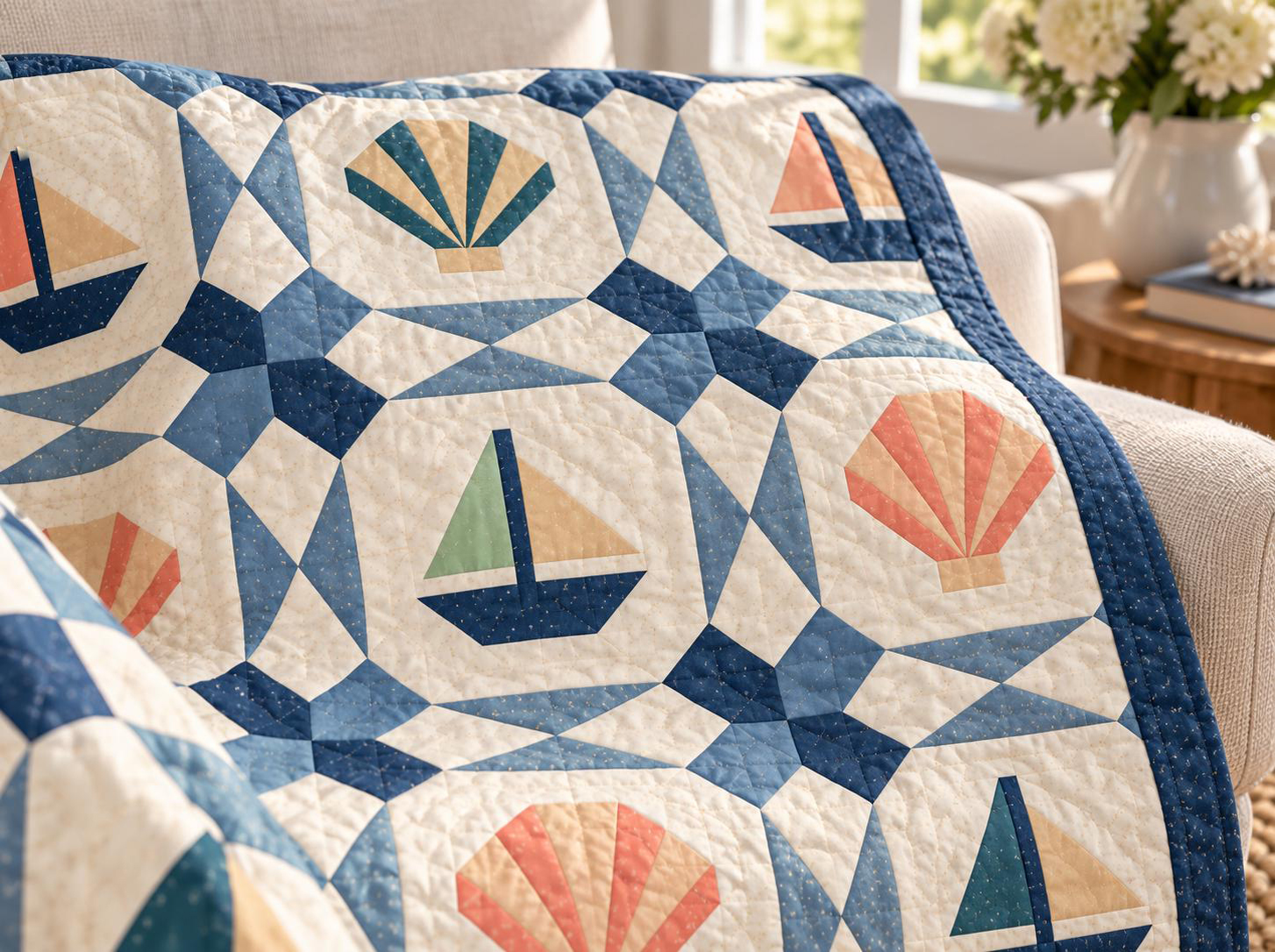 Seaside Trellis quilt shown in an illustrative lifestyle mockup