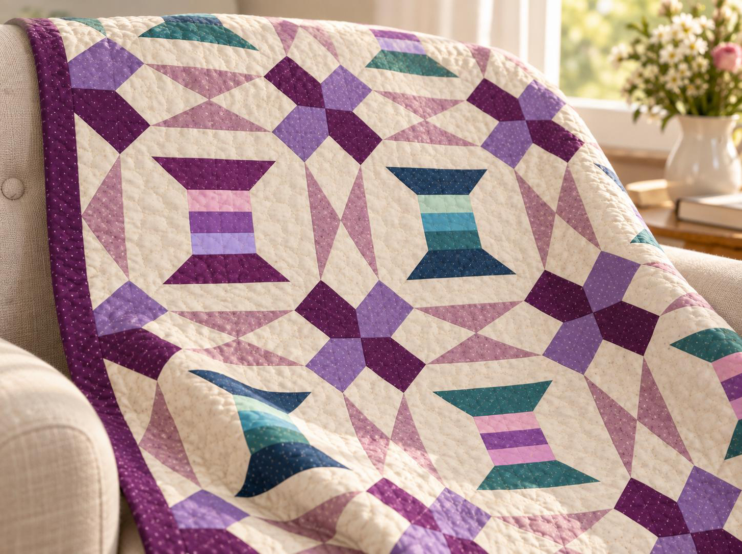 Spool Trellis quilt shown in an illustrative lifestyle mockup