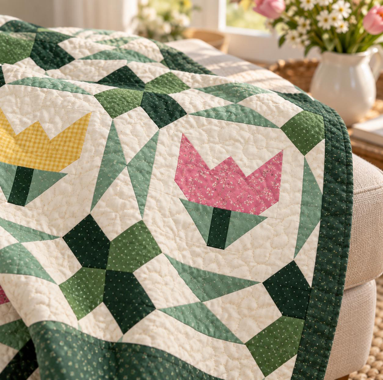 Tulip Trellis quilt shown in an illustrative lifestyle mockup